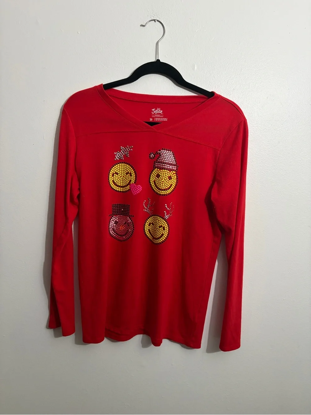 Red Holiday Smile Face Sequin Long Sleeve Top